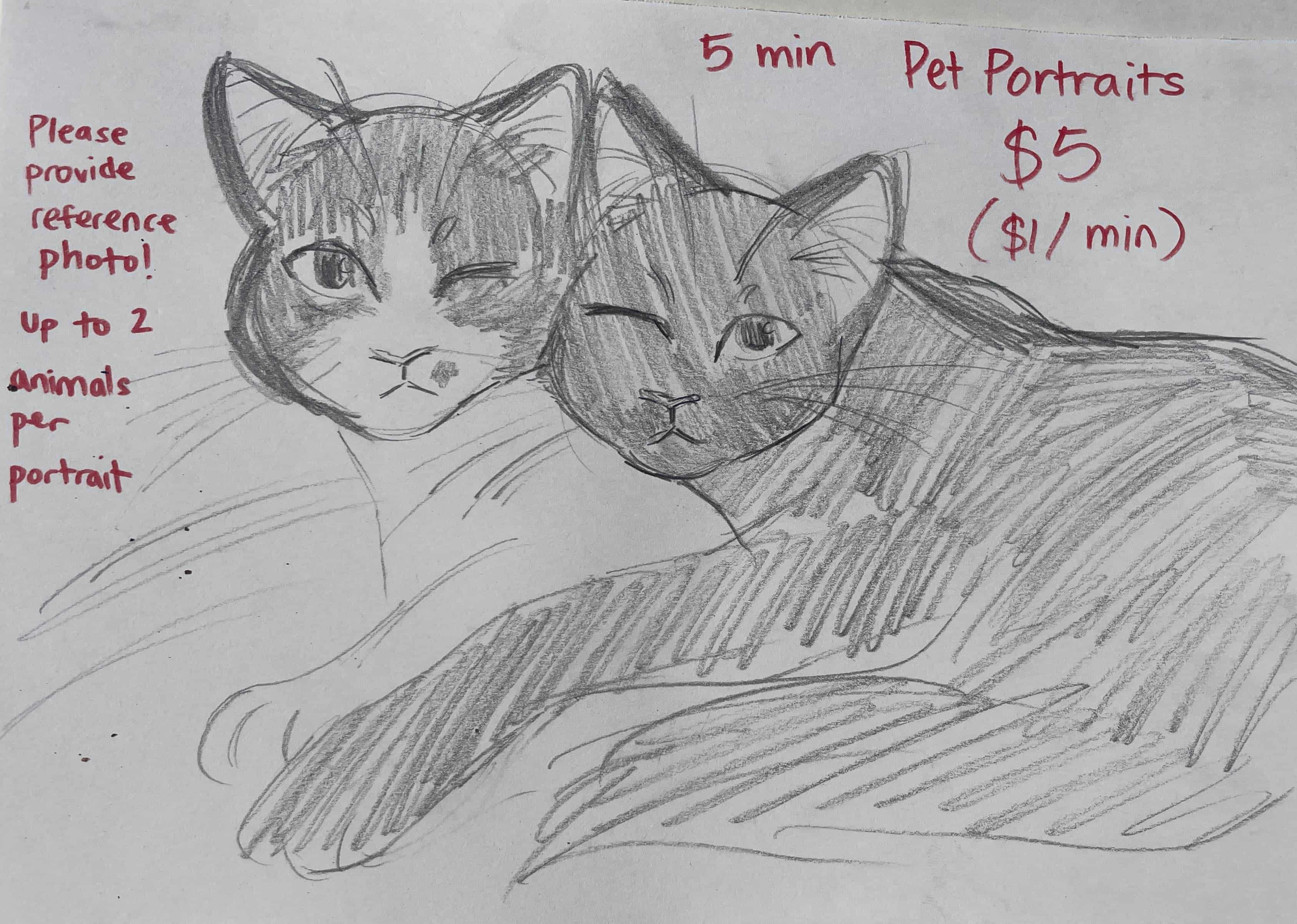 A pencil drawing of two cats. Red text around them says, '5 min pet portraits. $5 ($1 per minute). Please provide reference photo! Up to 2 animals per portrait.'