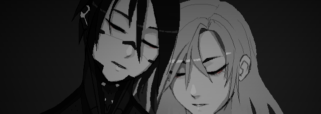a close up of ariane and elster from signalis resting their heads against each other while asleep
