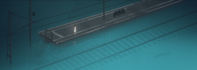 alina seo from signalis standing on a train platform in the middle of water