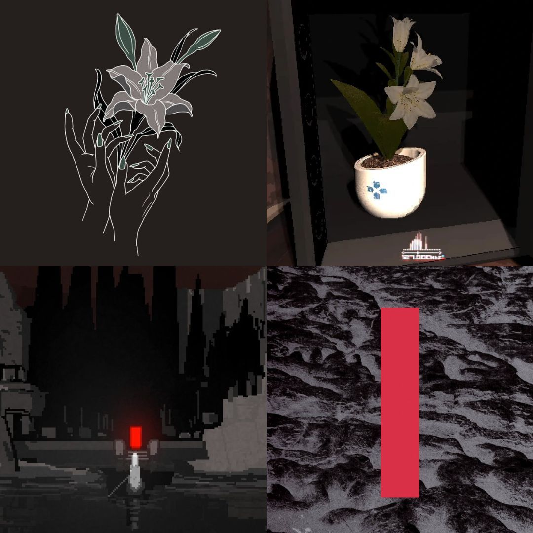 A collage of Signalis game screencaps and album covers. There are the white lilies in the safe next to the cover of Them Are Us Too's album Amends, which show hands holding white lilies. There is the glowing red gate on the Isle of the Dead next to the cover of Linea Aspera's LP II, which shows a red rectangle in a grayscale mountain landscape.