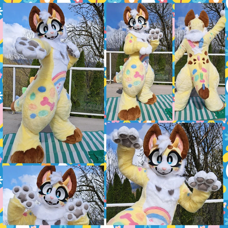 A fullsuit of an anthro yellow cat-dinosaur with rainbow accents.