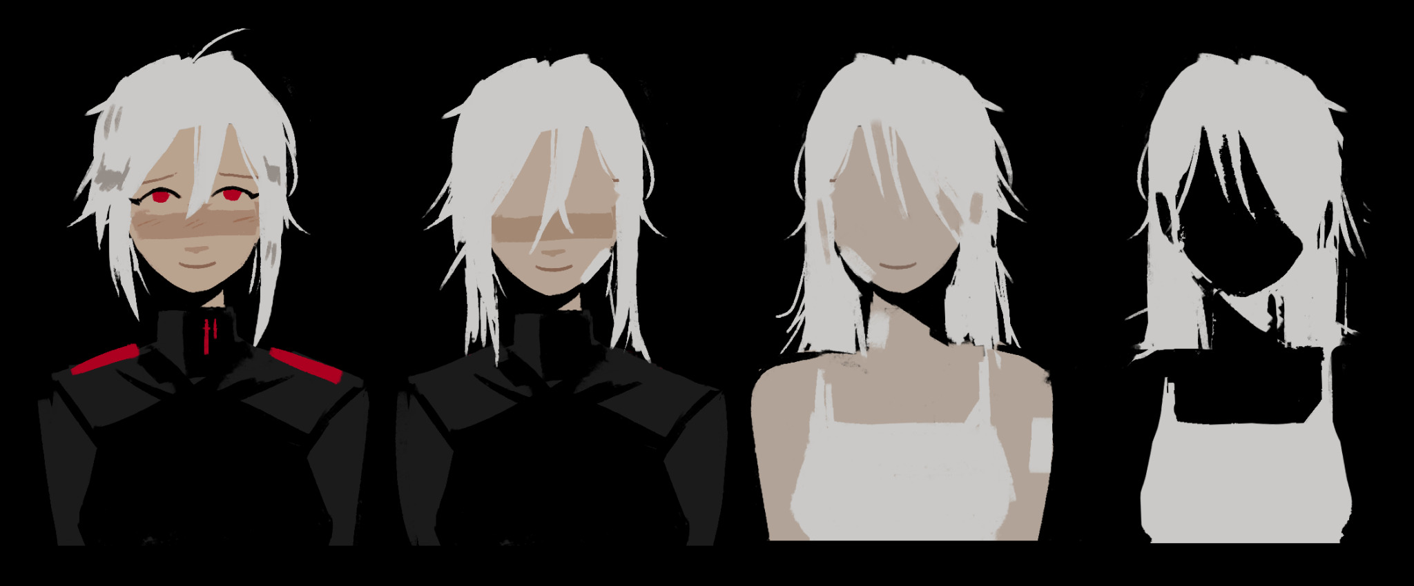 Four drawings of Ariane Yeong from Signalis. In the first, she has short hair and wears her Penrose uniform. She smiles shyly. In the next, her hair is slightly longer. She has no eyes and her uniform is missing its red details. There is a bandage on her cheek. In the third, Ariane's hair is long and she wears a white slip dress. There are bandages on her face, neck, and arm. Last is the image of her in the white dress, but she is made up of only black and white positive and negative space.